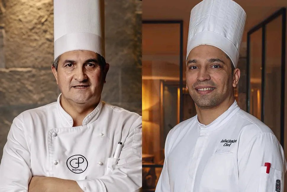 Retratos de dos cocineros de Puerto Montt con chaqueta y gorro blancos