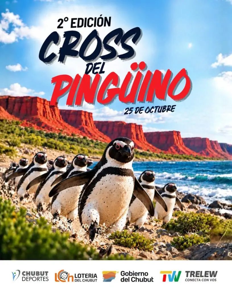 Afiche del Cross del Pingüino con pingüinos y barrancas rojas