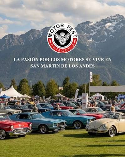 Afiche del Motor Fest Patagonia con autos clásicos y la cordillera